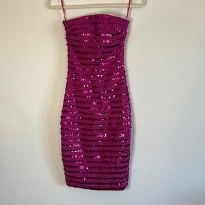 Strapless bodycon hot pink sequin dress